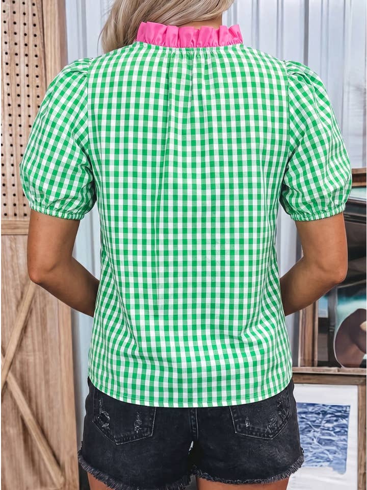 Gingham Plaid Bubble Sleeve Colorblock Trim V Neck Blouse