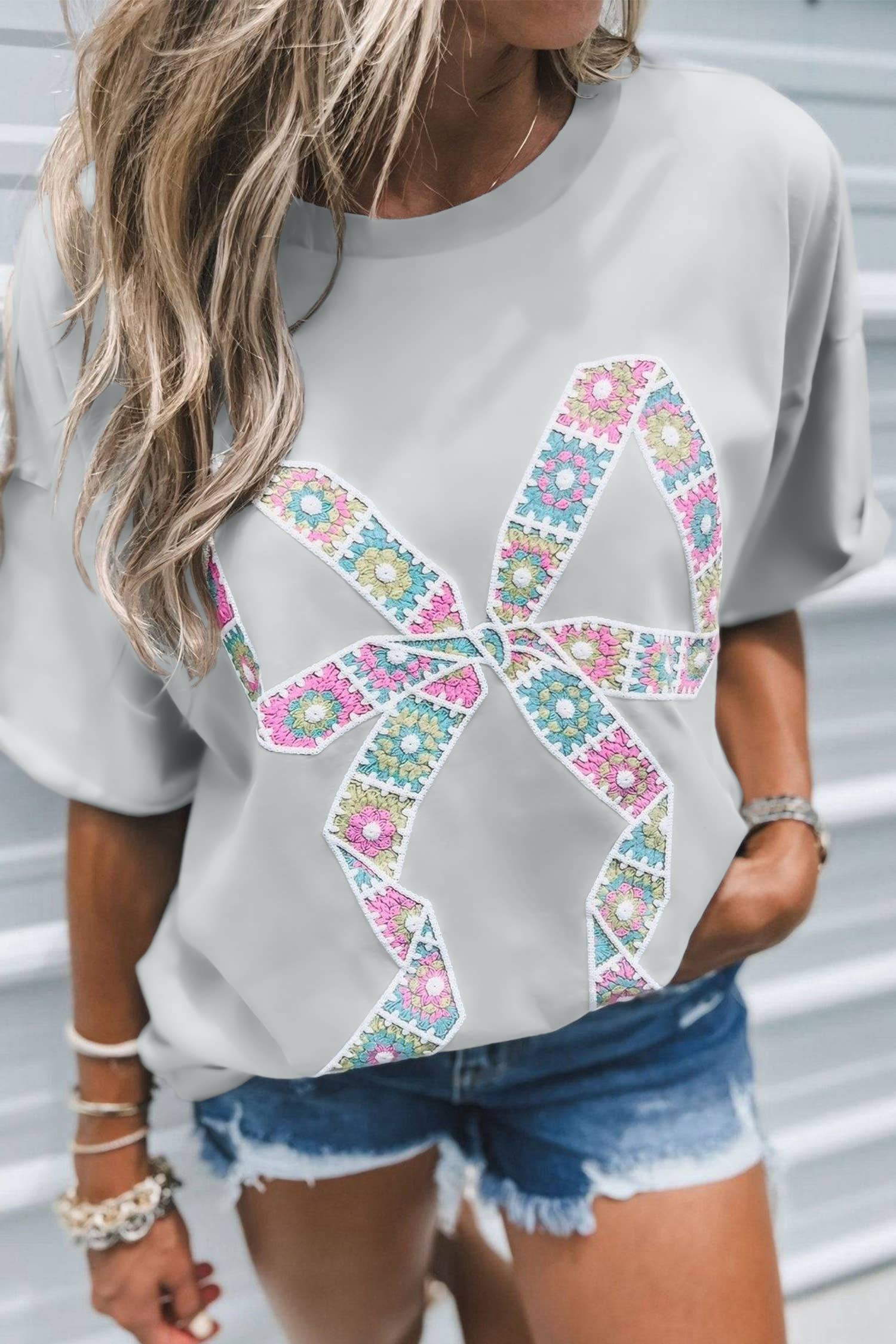 Light Grey Floral Crochet Ribbon Bow Patched Cotton T Shirt