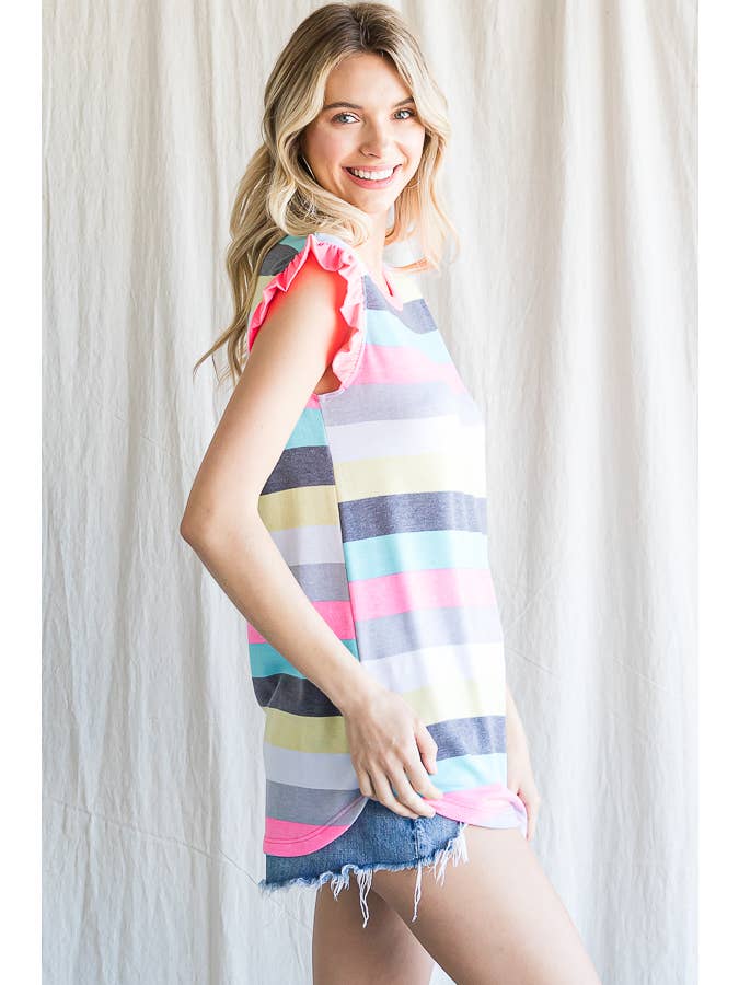 Stripe Print Round Neck Ruffle Sleeves Top T4795