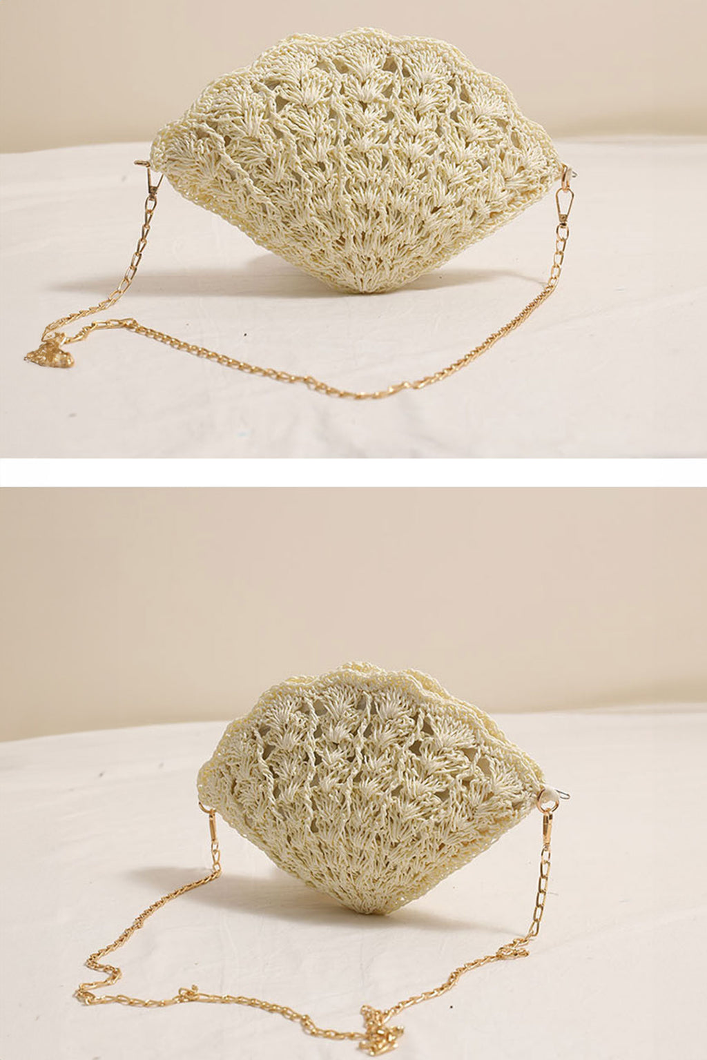 White Crochet Straw Beach Vacation Shell Shape Chain Strap Bag
