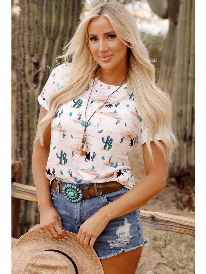 PRETTY BASH Western Cactus Crew Neck Short Sleeve Top
