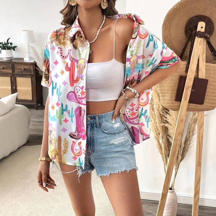 Women's Western Cactus Print Short Sleeve Button-Down Shirt