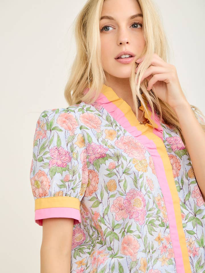 TD2216-01T Contrast Ruffle Neck Floral Printed Top