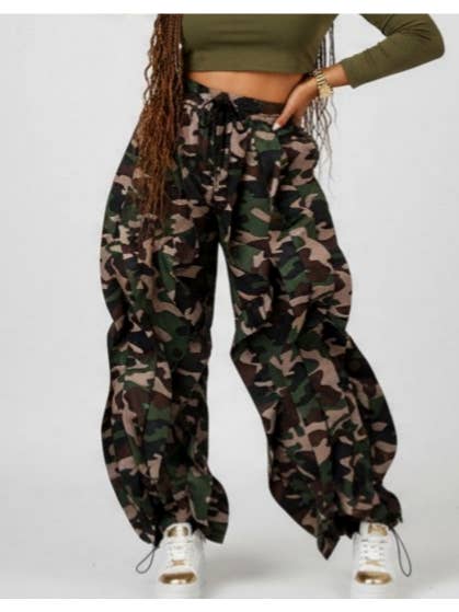 Drawstring Abstract Print Ruffled Wide Leg Parachute Pants