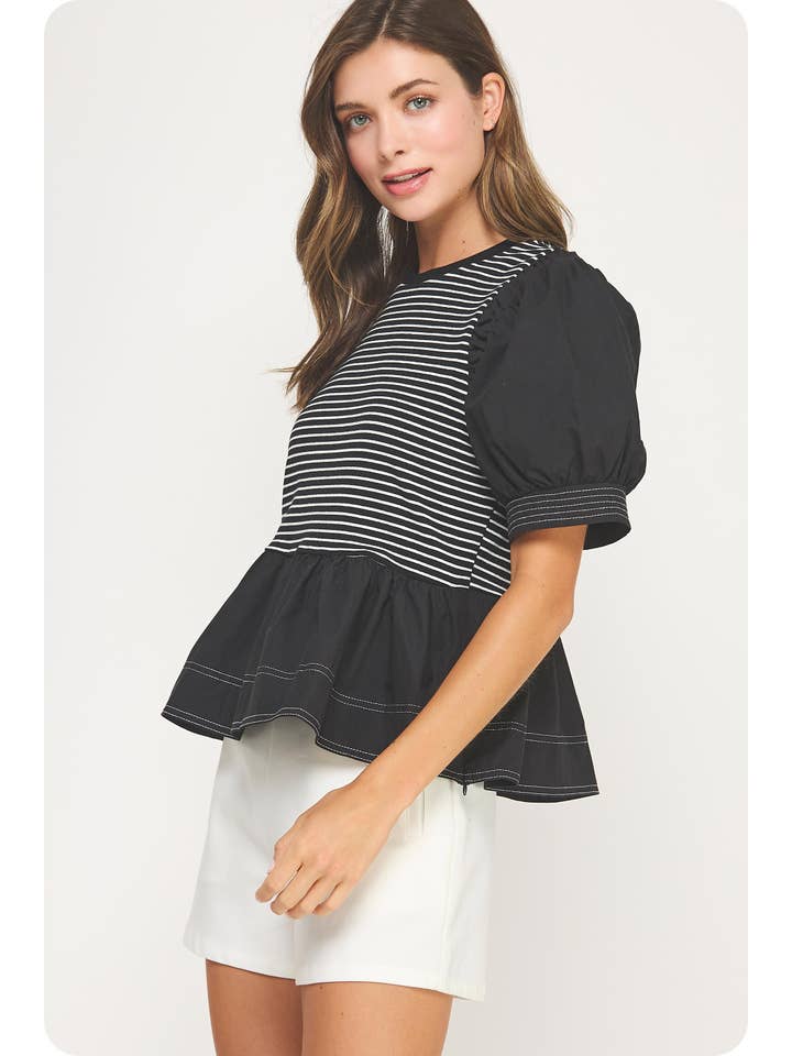Poplin Contrast Striped Knit Top