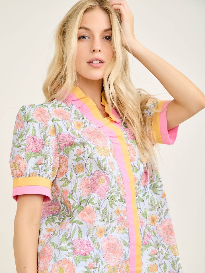 TD2216-01T Contrast Ruffle Neck Floral Printed Top