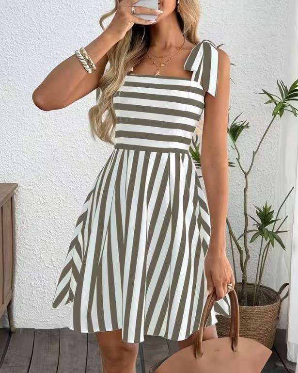 Striped Bow Tie Strap Sweet Mini Dress