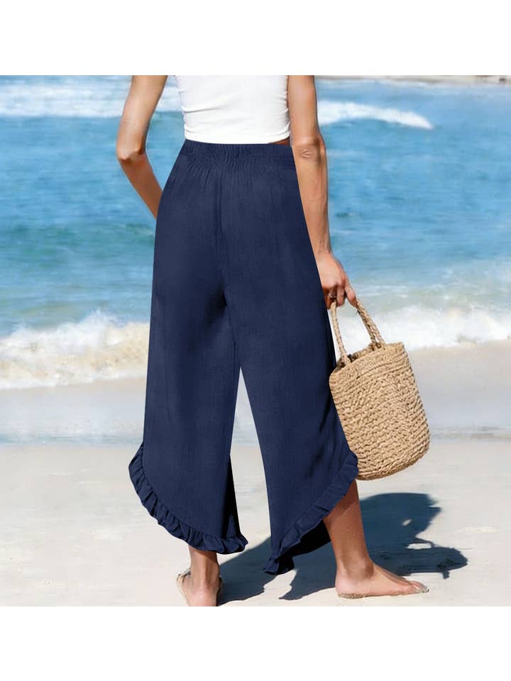Beach Smocked Waist Ruffle Hem Wide Leg Pants
