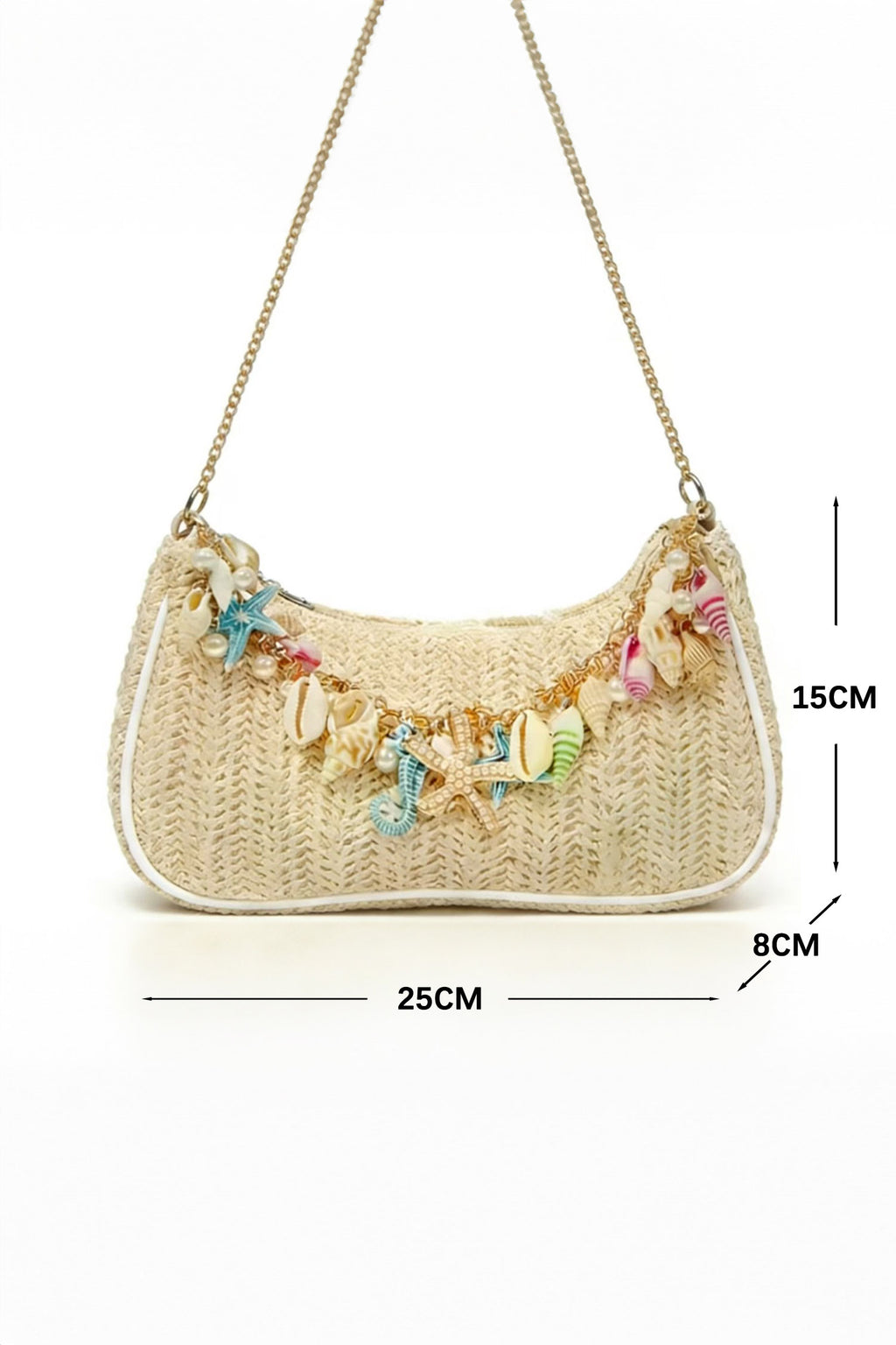 Khaki Boho Woven Shell Charm Detail Bag Metal Chain Bag