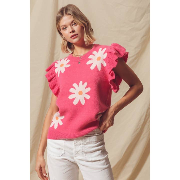 Daisy Flower Sweater Top with Flutter Sleeves
