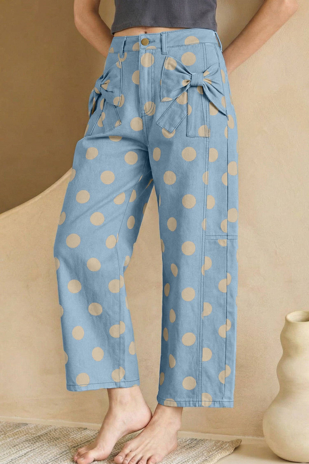 Polka Dot Cotton Jeans High Waist Bow Wide Leg