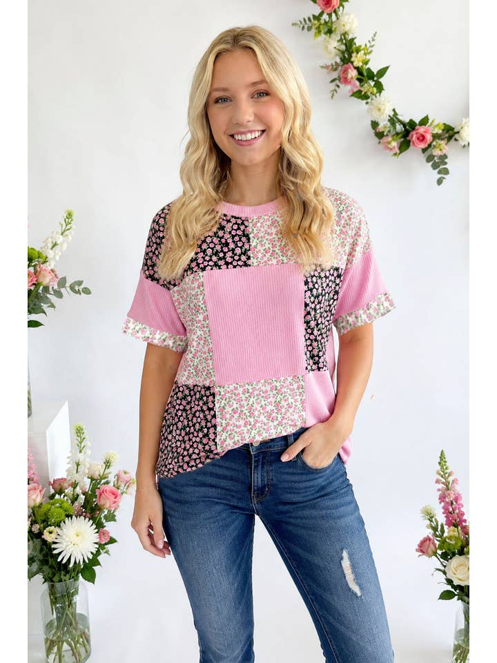 Floral Patchwork Short Sleeve Top T6396