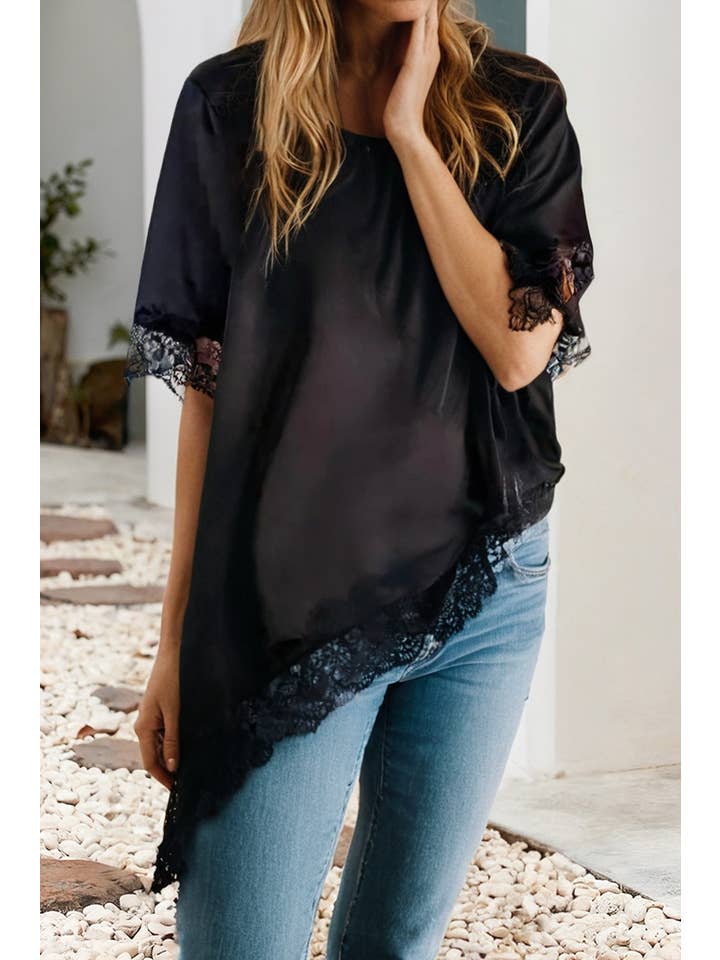 Ldc Asymmetric Lace Trim Short Sleeve Satin Top