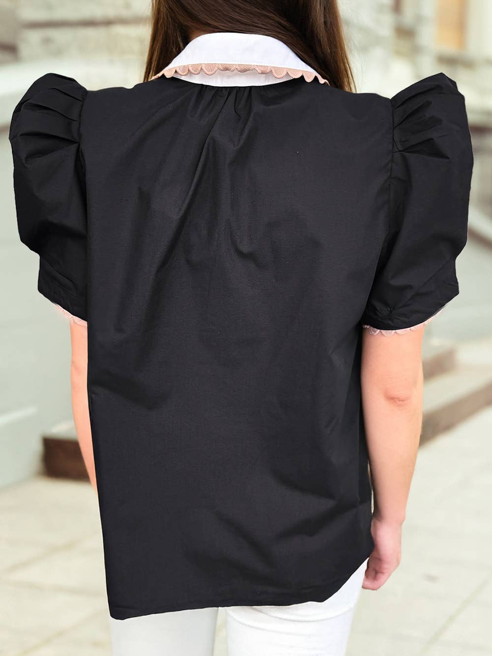 Ricrac Trim Patchwork Shirt Collar Short Sleeve Blouse