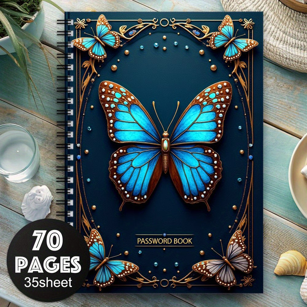 70-Sheet Spiral Password Notebook, Elegant Blue And Brown Butterfly Design - Golden Accents, Floral Patterns, And Beaded Border - Ideal for Home Or Office Password Management