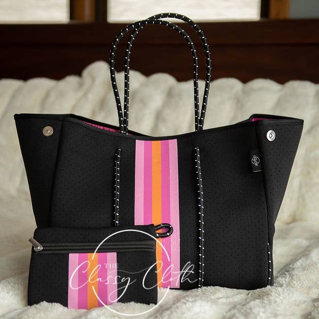 Neoprene Carryall Tote - Black W Hot Pink & Orange Stripe Rt