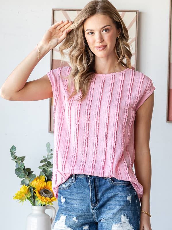Lightweight Stripe Textured Cap Sleeves Blouse T5948