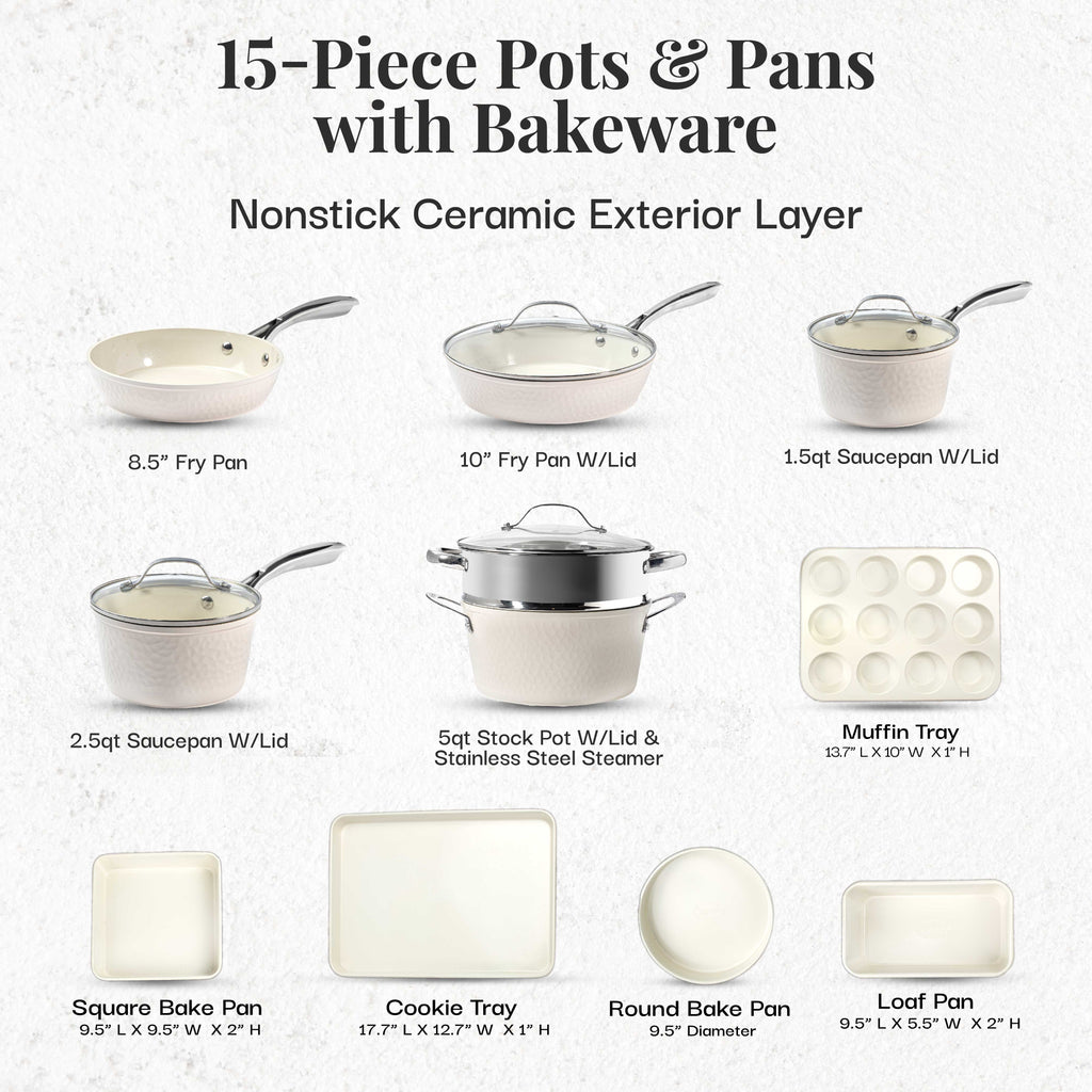 Gotham Steel Hammered Cream 15 Piece Cookware Set + Bakeware
