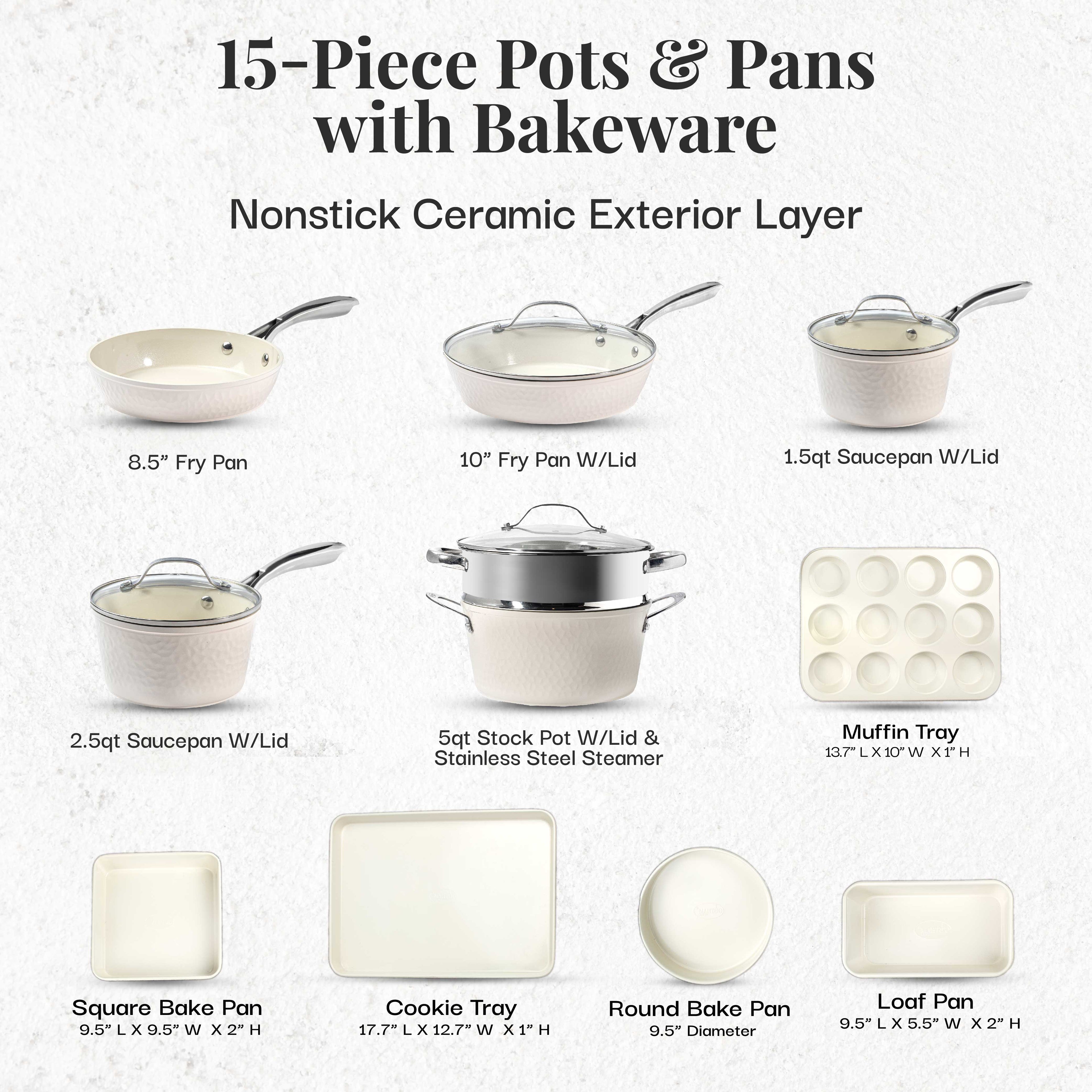 Gotham Steel Hammered Cream 15 Piece Cookware Set + Bakeware