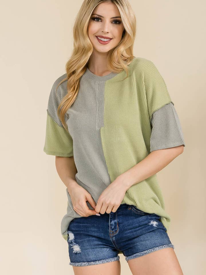 Plus Size Urban Rib Contrast Round Neck Top -CT33877-PL