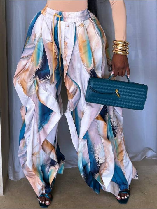 Drawstring Abstract Print Ruffled Wide Leg Parachute Pants