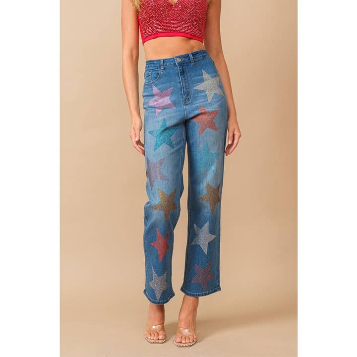 Star Rhinestone Embellishment Straight Leg Jeans