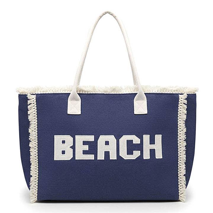 Bold Beach Letter Embroidered Fringe Tote Bag