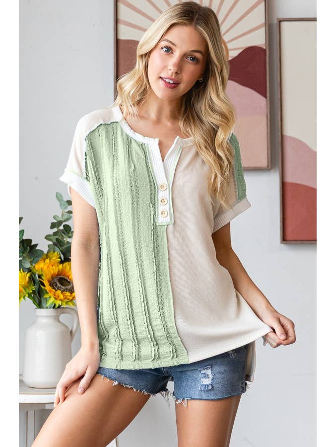 Color Block Half Textured Button Front Top
