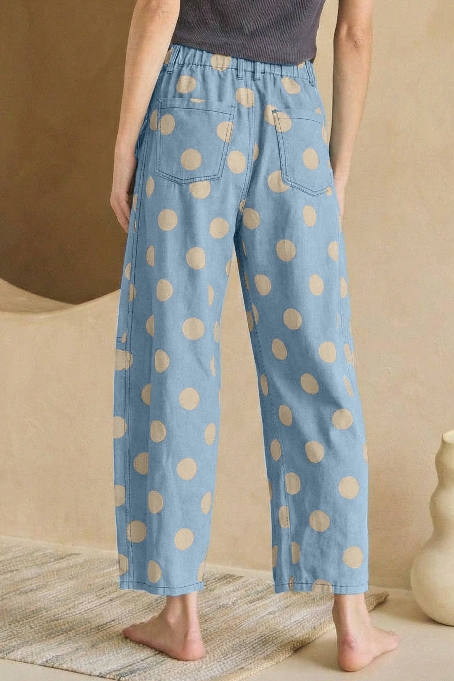 Polka Dot Cotton Jeans High Waist Bow Wide Leg