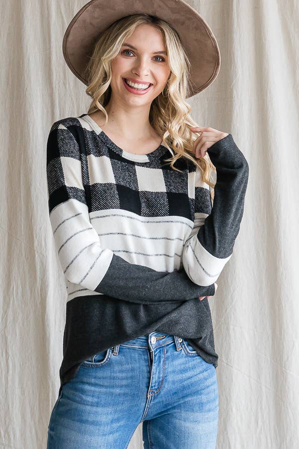 Cozy Color Block Plaid Striped Thumbhole Pullover TopT4423-1