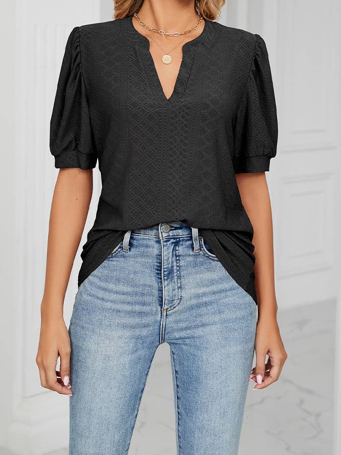 Plain V Neck Bubble Sleeves Hollow Out Top HLL001