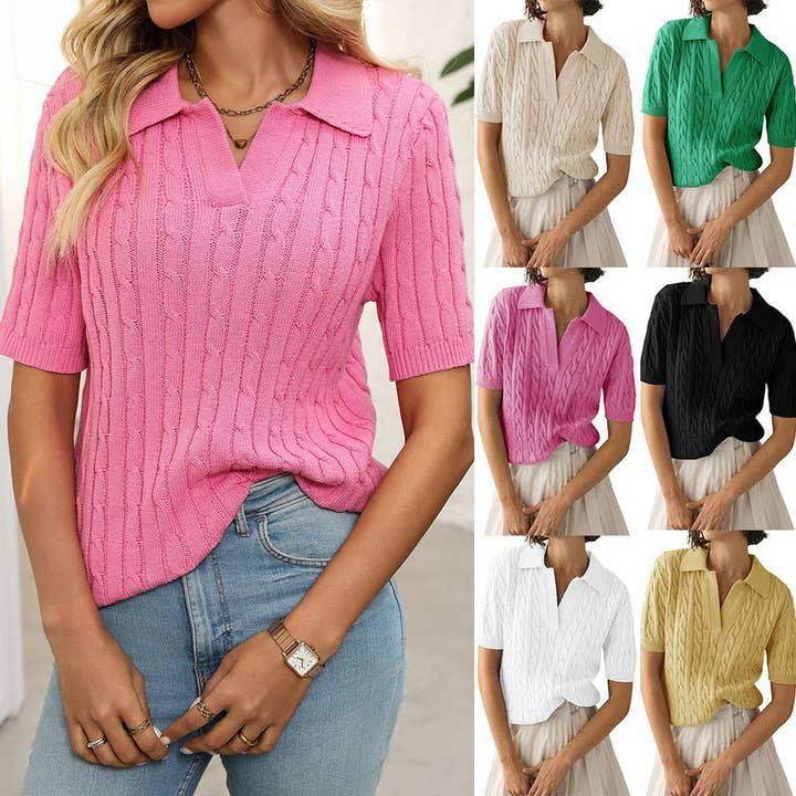 2026 Spring Women Cable Short Sleeve V Neck Knit Sweater
