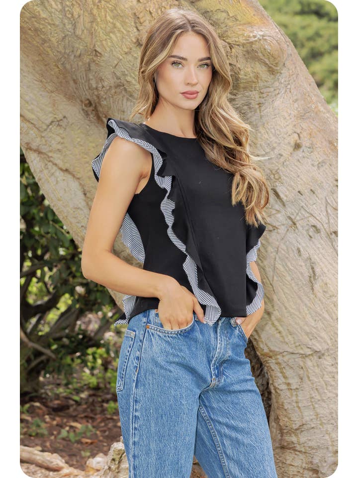 Mixed Media Ruffled Ribbed Knit Top