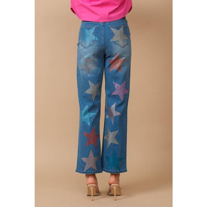 Star Rhinestone Embellishment Straight Leg Jeans
