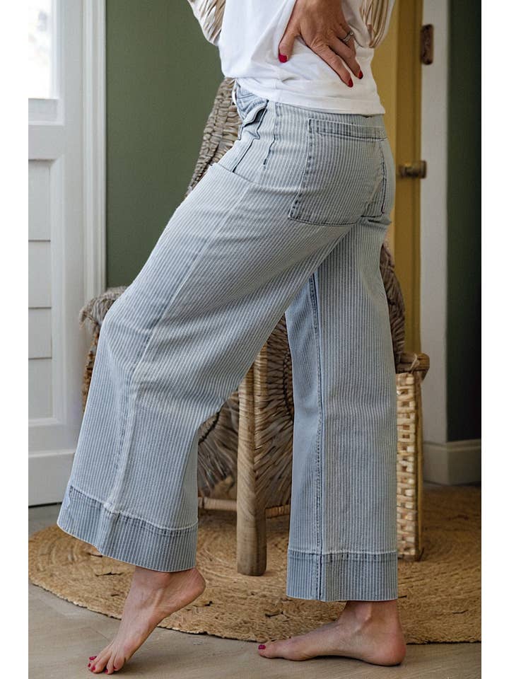 Stripe Denim Button Flap Pocket Cuffed Hem Jeans