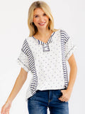 Mixed Print Contrast Henley Top T6373