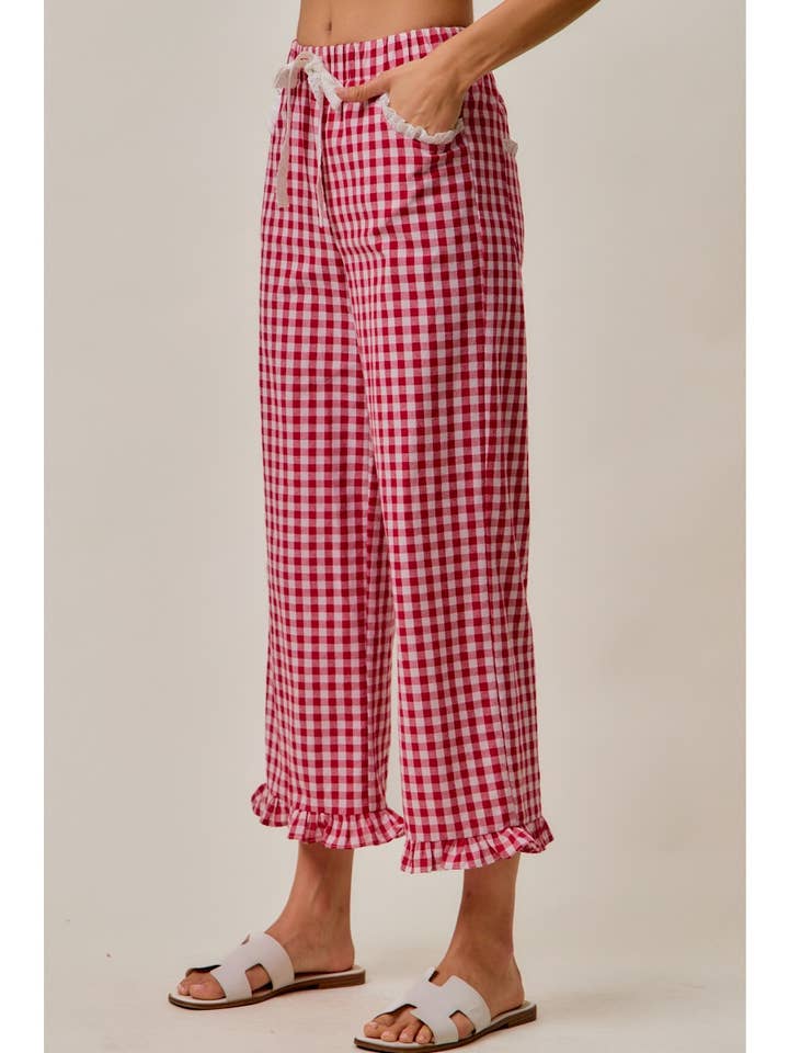 Ruffled Bottom Detail Check Gingham Lace Trim Pant