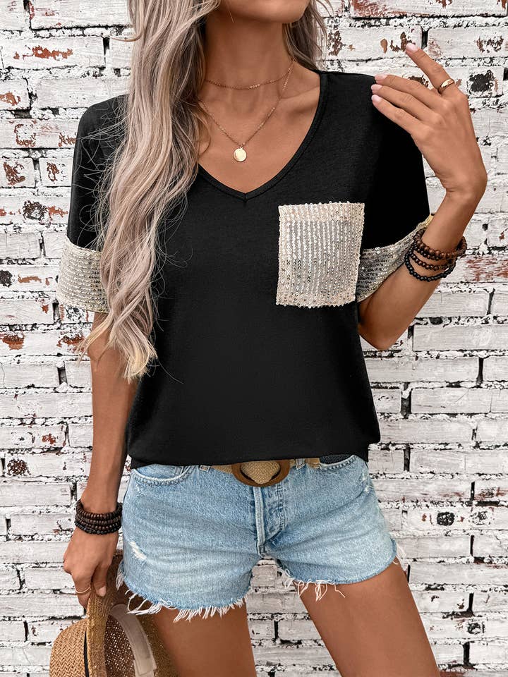 Casual Color-Block Sequin Short Sleeve T-Shirt BFZY1411