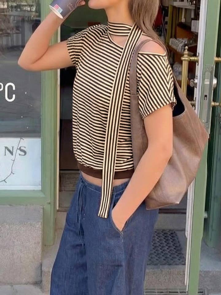 Striped One-Shoulder Knit Top with Scarf Neck