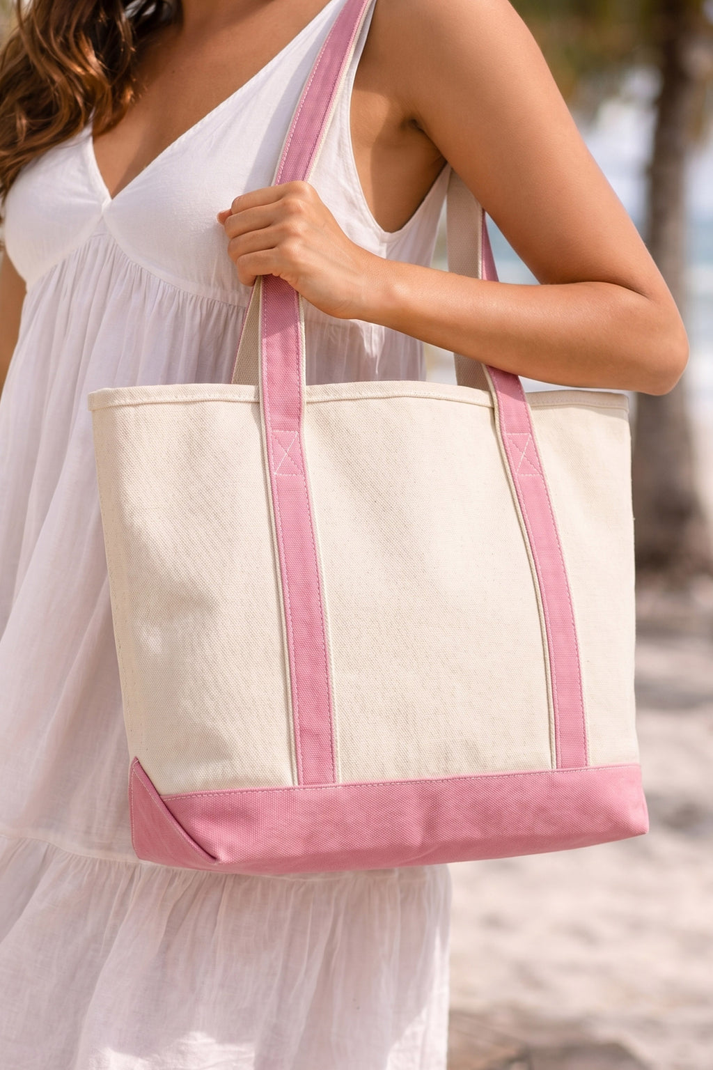 Pink Color Block Detail Durable Handles Canvas Tote Bag