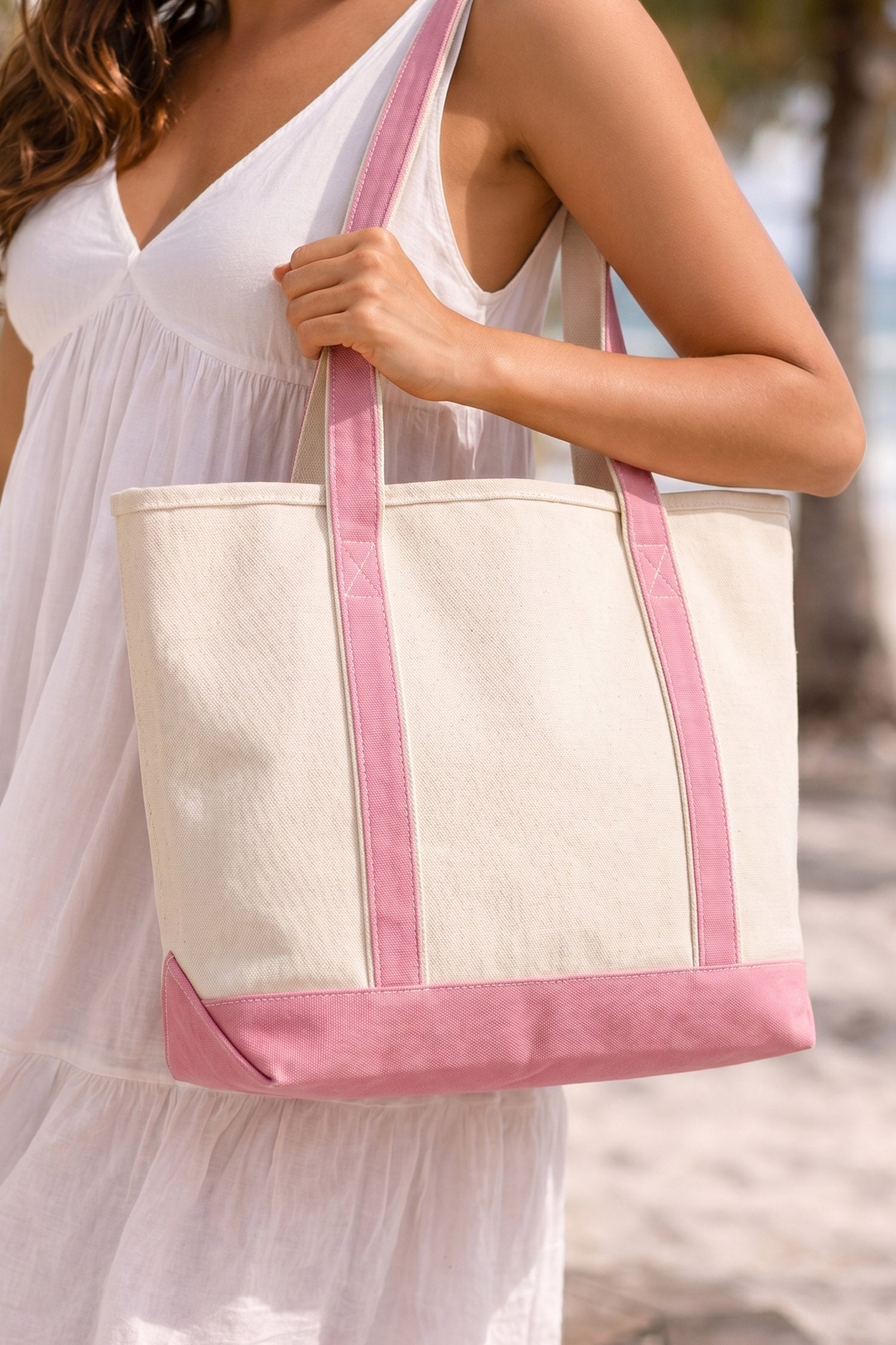 Pink Color Block Detail Durable Handles Canvas Tote Bag