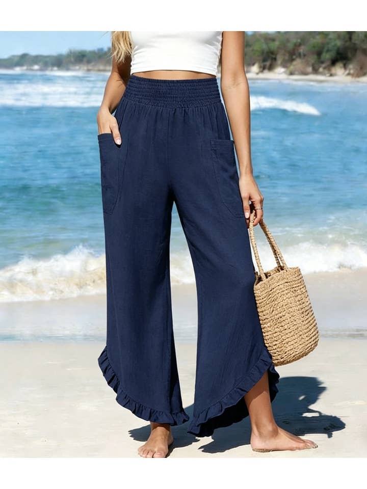 Beach Smocked Waist Ruffle Hem Wide Leg Pants