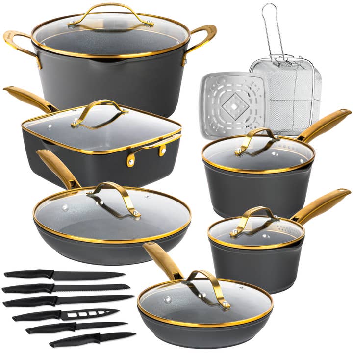 20-Pieces Hard Anodized Aluminum Armor Max Gold Cookware Set