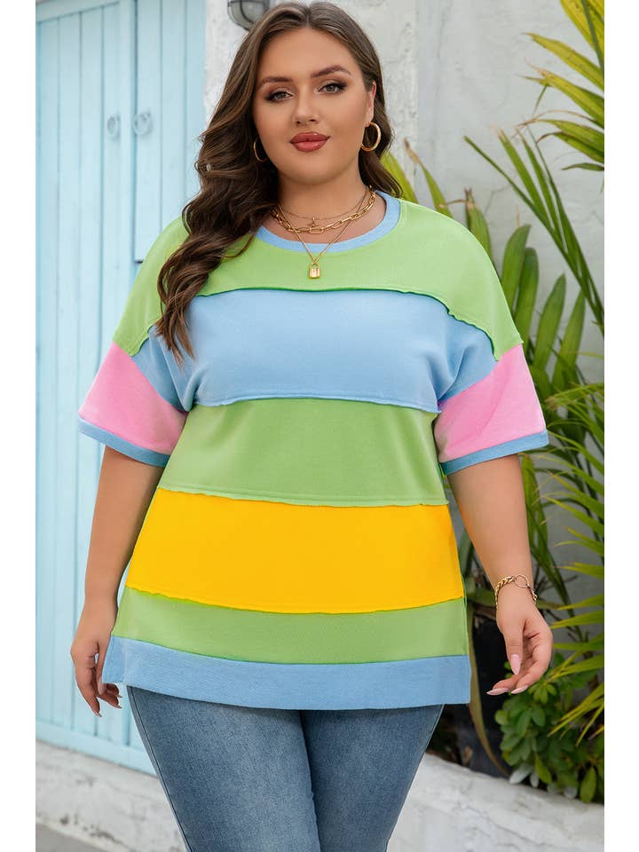 PRETTY BASH Plus Size Colorblock Raw Edge T-Shirt