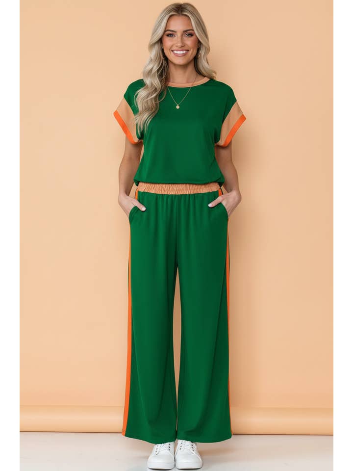 PRETTY BASH Colorblock Top & Wide Leg Pants Set