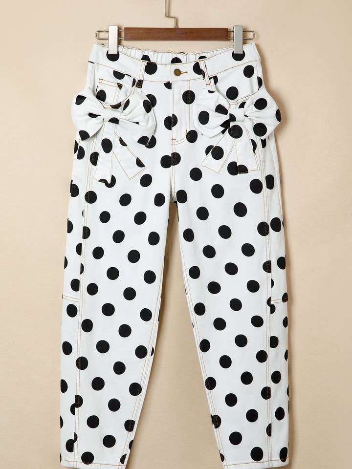 Polka Dot Print Bow Detail Pocketed Jeans