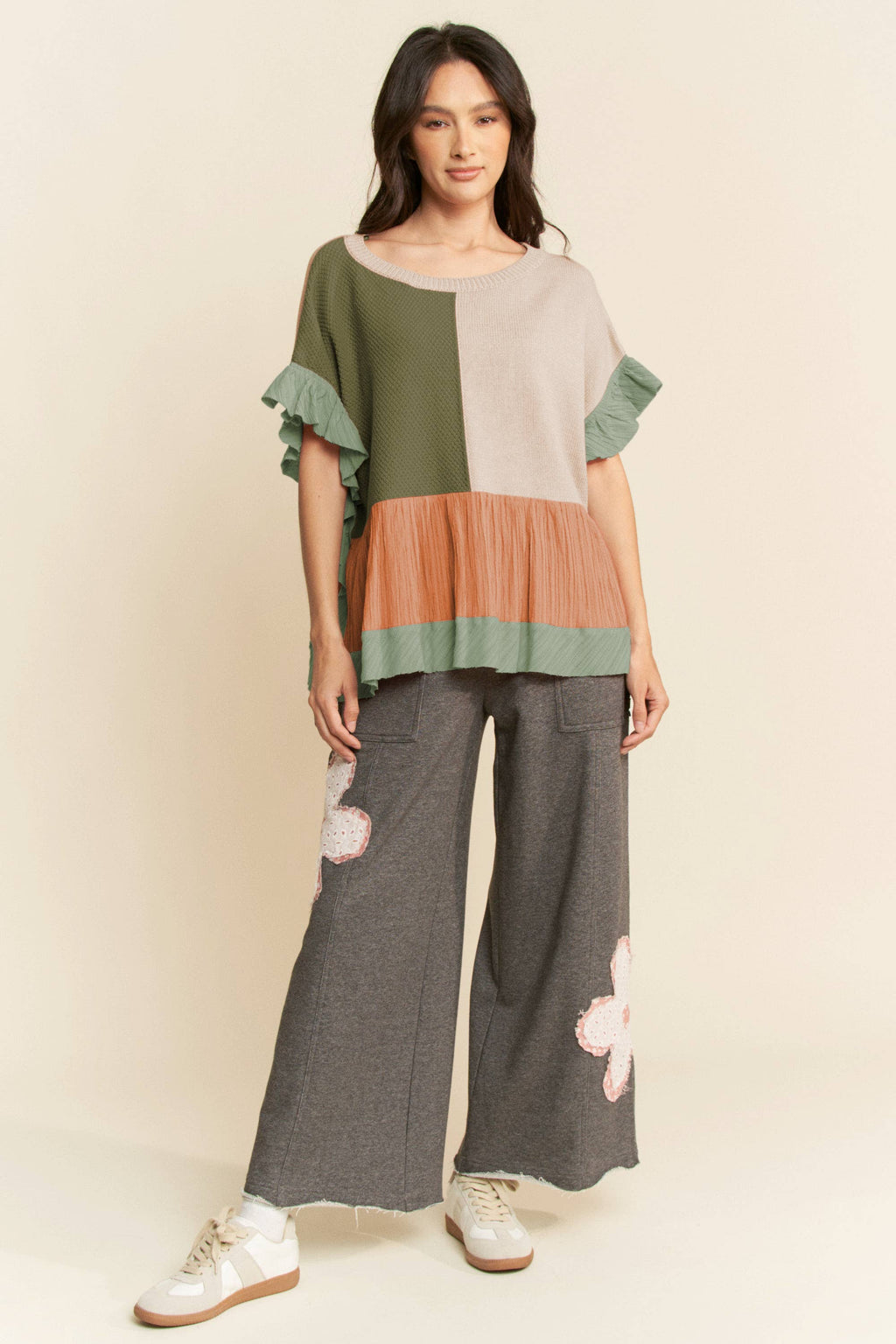 DWT30653-SWEATER Mix Textured Fabric Ruffle Detail Top