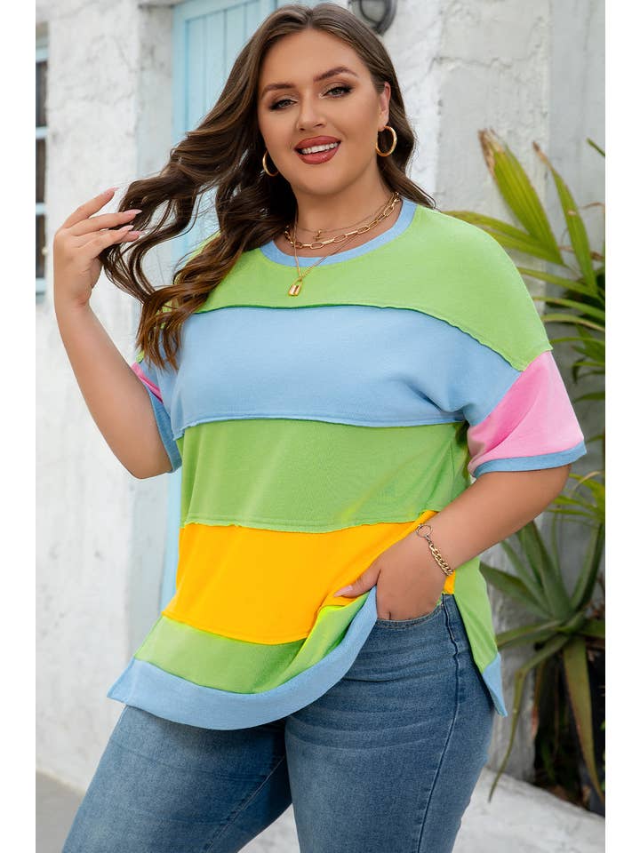 PRETTY BASH Plus Size Colorblock Raw Edge T-Shirt