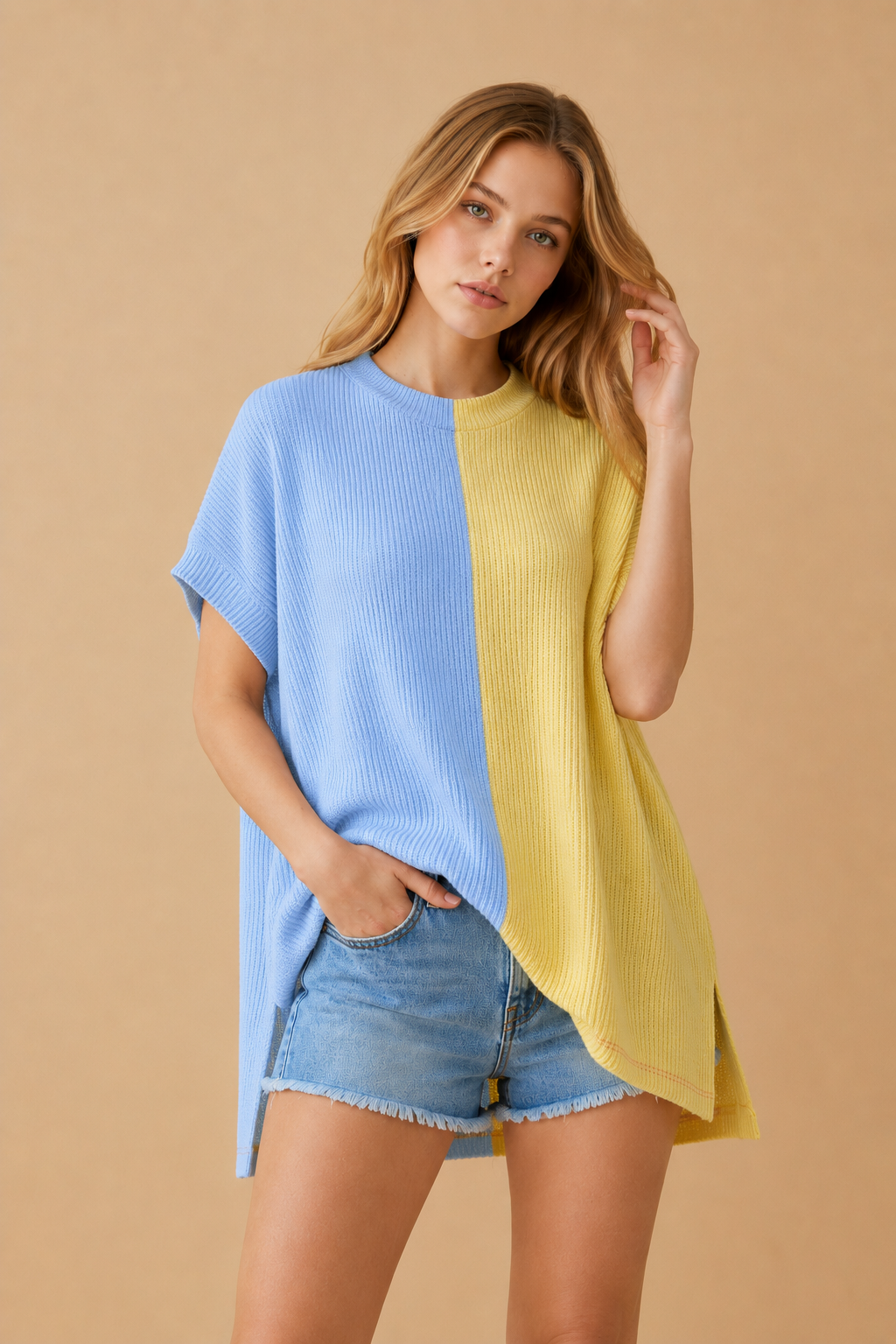 Wave Rib Bi-Colored Tunic Top