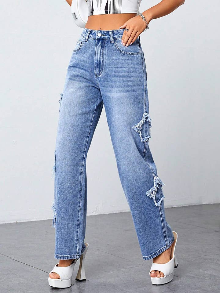 Star Pant Ripped Straight Trousers High Waisted Wash Jeans